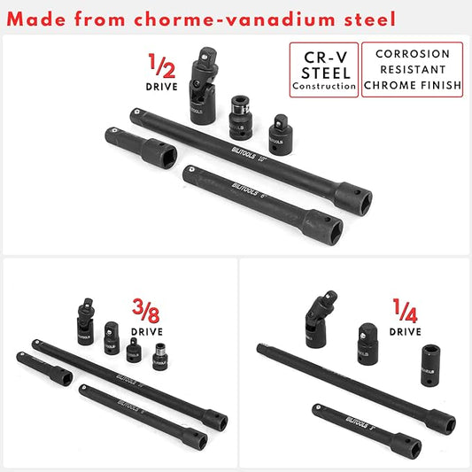 BILITOOLS 18-Piece Impact Socket Extension Set,includes 1/4" 3/8??& 1/2??Drive Extension Bar, Socket Adapter, Universal Joints, Cr-V Steel