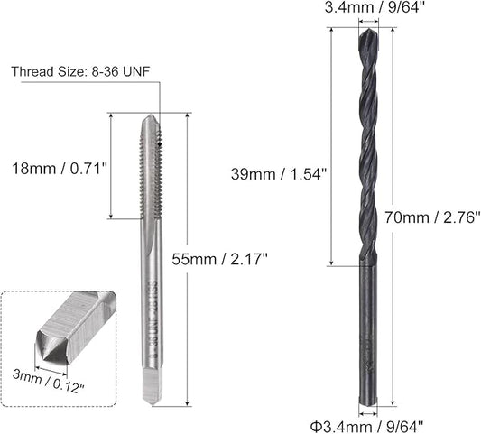 uxcell Tap and Drill Bit Set, 8-36 UNF Thread Tap & 9/64" Black Oxide Twist Drill Bit, Straight Flute Tap Tapping Threading Repair Tool Kit