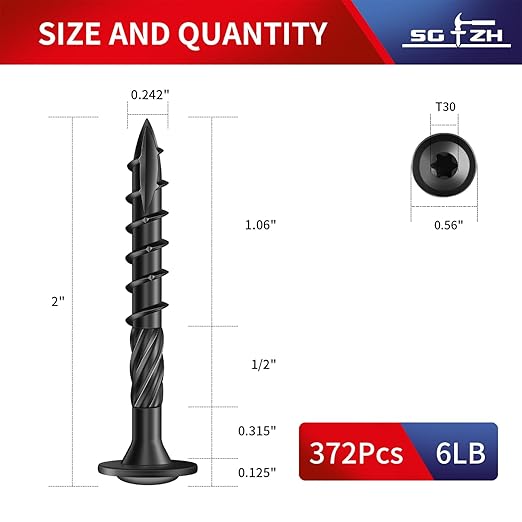 #14 x 2 Inch Lag Screws (372Pcs) 6lb. Structural Wood Screw, Black, Carbon Steel, Washer Head, Rust Resistant epoxy Coated, T30 Torx Bit