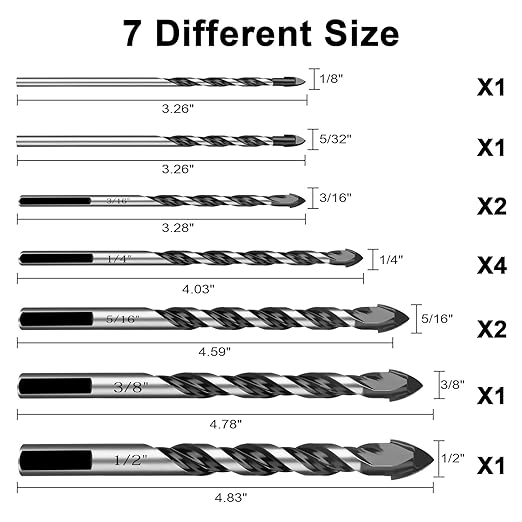 12Pcs Masonry Drill Bit Set, Concrete Drill Bit Set, 1/8 to 1/2 inch Professional Carbide Drill Bits Set for Glass, Brick, Plastic, Cement, Concrete, Granite, Wall, Wood, Tile Etc.