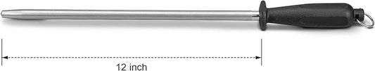 12" Knife Sharpening Steel, Professional Diamond & Steel Honing Rod, Black Brushed Finish, for Kitchen & Chef Knives