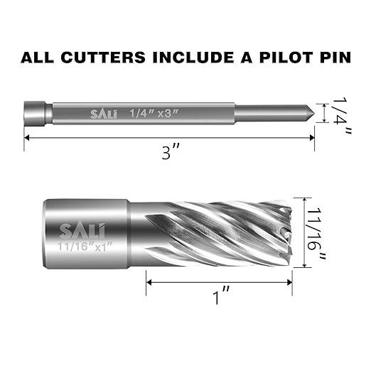 SALI Annular Cutter Diameter 11/16 Inch with Weldon Shank 3/4" (with 2 Flats) Cutting Depth 1" Mag Drill Bit for Magnetic Drill Press HSS Fully Ground Drill with One 1/4"*3" Pilot Pin