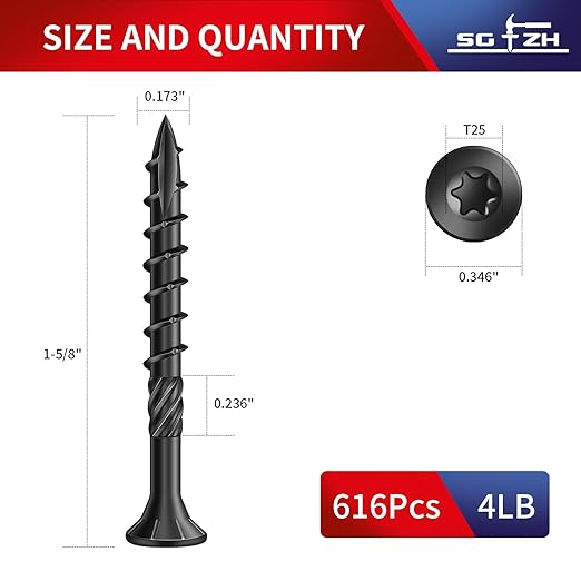 #8 x 1-5/8" Deck Screws (616Pcs) 4lb. Carbon Steel, Black, Flat Head, Rust Resistant epoxy Coated, with T25 Star Bit