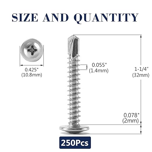 #8 x 1-1/4" Sheet Metal Screws 250PCS 410 Stainless Steel Truss Head Fast Self Tapping Screws by SG TZH