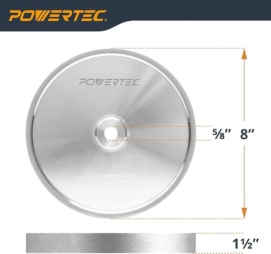 POWERTEC CBN Grinding Wheel 8 Inch 320 Grit, 1-1/2" Wide, 5/8" Arbor ??Bench Grinder Sharpening Wheel for HSS Tools, Lathe Chisels, and Woodturning Tools (15705)