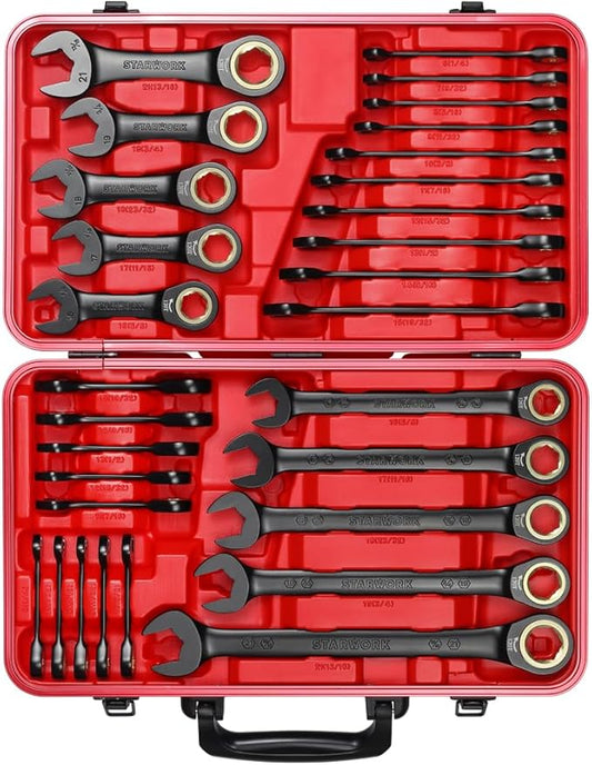 STARWORK TRUE MECHANIC??30-Piece, 120T SAE&Metric Ratcheting Wrench Set, Gift Series with Red case, Professional