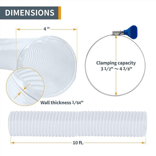 POWERTEC 4" x 10' Flexible PVC Dust Collection Hose with 2pcs Stainless Steel Key Hose Clamps for Table Saw, Band Saw, Planer, Jointer, Woodworking and Garage, WoodShop Dust Collection System (70242)