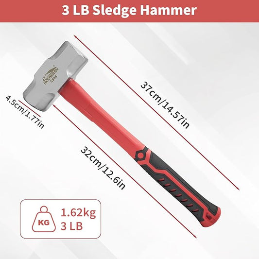 Sledge Hammer 3 Lb, Octagonal Head, Non-slip Rubber Grip, Heavy Duty Hammer For Construction, Gardening, Home Improvement