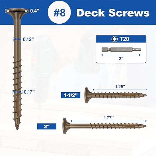 #8 x 2” Deck Screws, 250Pcs Star Drive Wood Screws, Rust Resistant Timber Screws for Timber/Log/Landscaping Wood, T20 Star Bit Included, Brown