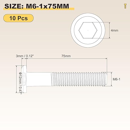 METALLIXITY Flat Head Hex Socket Cap Screws Bolts(M6-1x75) 10Pcs, Steel Hex Socket Furniture Bolts Screws - for Furniture Woodworking Project, Black