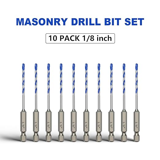 10 Pack 1/8 inch Masonry Drill Bit Set,Concrete Drill Bit Set with Hex Shank,Carbide Tip Drill Bits for Concrete, Cement, Tile,Brick, Plastic and Ceramic (1/8"竊?0 Pcs竊?