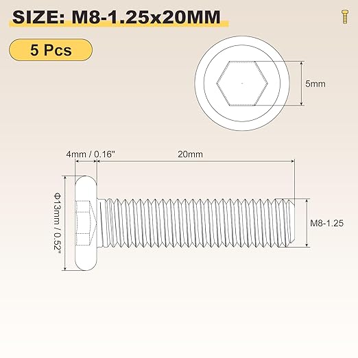 METALLIXITY Flat Head Hex Socket Cap Screws Bolts(M8-1.25x20) 5Pcs, Steel Hex Socket Furniture Bolts Screws - for Furniture Woodworking Project, Yellow