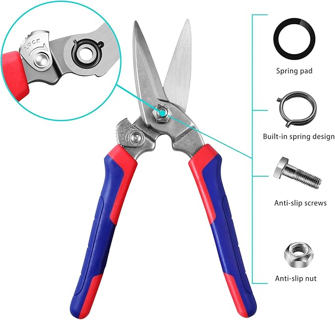 Heavy Duty Industrial Scissors: Utility Sharp Aviation Tin Snips for Cutting Thin Metal Sheet, Fine Iron Wire, Wires, Plastic, Rubber Hose, Carpet, Cardboard (8'' Blue)