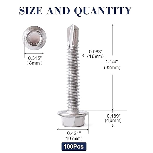 #10 x 1-1/4" Sheet Metal Screws 100PCS 410 Stainless Steel Hex Washer Head Fast Self Tapping Screws by SG TZH