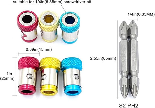 6 Pieces Magnetic Screw Ring With 2 Pieces Ph2 Screwdriver Bit Set,Magnetizer Screw Removable For 1/4 Inch/6.35mm Hex Screwdriver and Power Bits (MIX)