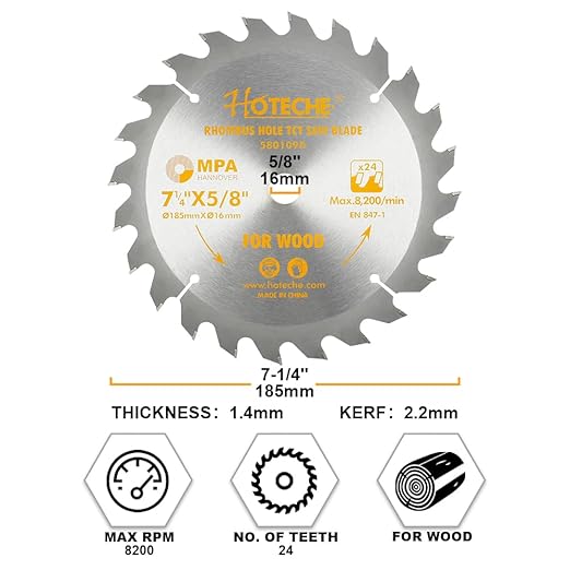 Hoteche 7-1/4-Inch Circular Saw Blade for Wood 24-Tooth Tungsten Carbide-Tipped Blade High-Performance Professioal Saw Blade for Circular Saws and Miter Saws, Rhombus Hole Size 5/8-inch