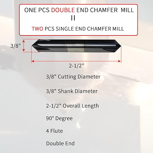 3/8" Chamfer Mill Solid Carbide End Mill,3/8"Cutting Diameter,3/8"Shank Diameter, 2-1/2"Overall Length, 4 Flute, 90째 Chamfer Angle, Double End,AlTiN Coated,for Medium Hardness Materials