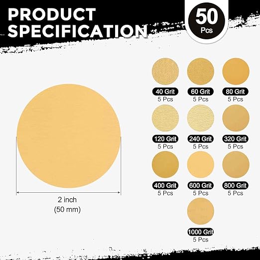 50 Pcs Sanding Discs 2 Inch 40/60/80/120/240/320/400/600/800/1000 Grit Hook and Loop Orbital Sandpaper Suitable for Drywall Sander Wood Metal Furniture, Yellow