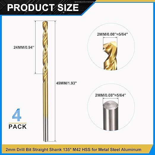 PATIKIL 2mm Drill Bit, M42 8% Cobalt High-Speed Steel Jobber Straight Shank 135° Titanium Nitride (TiN) Coated for Hard Metal Stainless Steel - 4 Pack