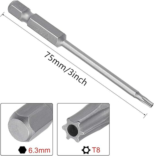 XMHF 10Pcs 75mm/3inch Long 1/4 Inch Hex Shank T8 Torx Head Magnetic Screwdriver Bits Security Tamper Proof Star 6 Point Screw Driver Set