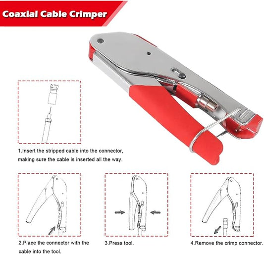 Coax Cable Crimper Tool Kit Coaxial Compression Tool Adjustable Coaxial Cable Stripper Cutter with 5PCS RG6 F Type Connector Coaxial Compression Fitting + 5PCS Coaxial Cable Extension Adapter