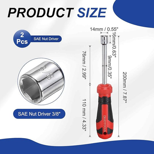 HARFINGTON 2 Pcs SAE Nut Driver 3/8" CR-V Non-Magnetic Tip Hollow Shafts Hex Socket Screwdriver with Anti-Slip Handle for Automobile Repair Bit Driver