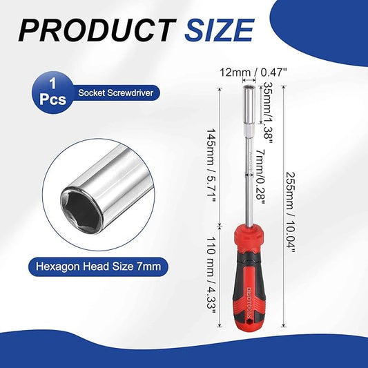 HARFINGTON Metric Nut Driver 7mm CR-V Non-Magnetic Tip Hollow Shafts Hex Socket Screwdriver with Anti-Slip Handle for Automobile Repair Bit Driver