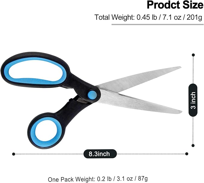 Left Handed Scissors for Adults, 8 Inch Lefty Scissors Bluk for big Kids Student, All Purpose Sharp Blades Shears Set(3 pcs), Great for Craft, Office, Sewing Fabric, Arts, School and Home, Black/Blue