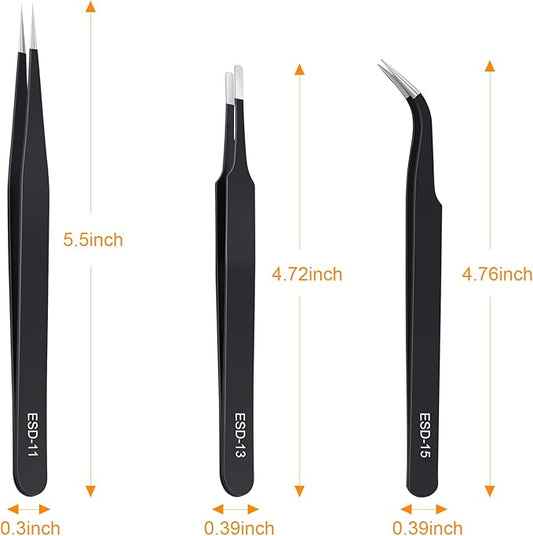 3PCS Precision Tweezers Set, Upgraded Anti-Static Stainless Steel of Tweezers, for Electronics, Soldering, Laboratory Work, Jewelry-Making, Model, Craft