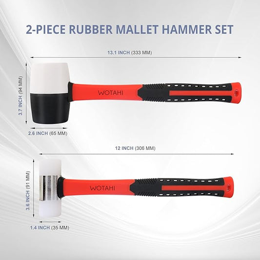2-Piece Rubber Mallet Hammer Set-16 oz. White and Black Rubber Mallet and 35 mm Dual Nylon Head Installation Hammer, Soft Grip Fiberglass Handle, Double-faced Non-marring and Solid Head