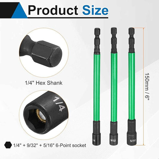 HARFINGTON 3pcs Nut Driver Drill Bit 1/4+9/32+5/16 Inch SAE Socket 1/4" Hex Shank 6" (150mm) Extra Long Magnetic 6-Point Sockets Quick Change CR-V Steel Bolt Setters for Power Drill Drivers