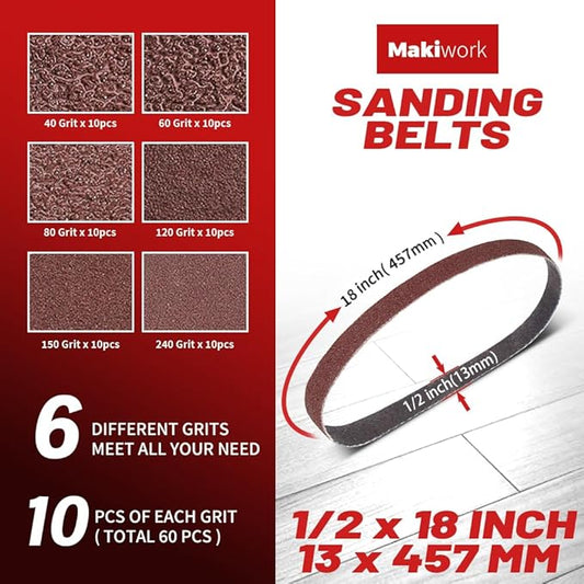 1/2 x 18 Inch 13 x 457 mm Sanding Belts Set - 60-Pack with 40/60/80/120/150/240 Grits, Aluminum Oxide Abrasive Belts for Woodworking