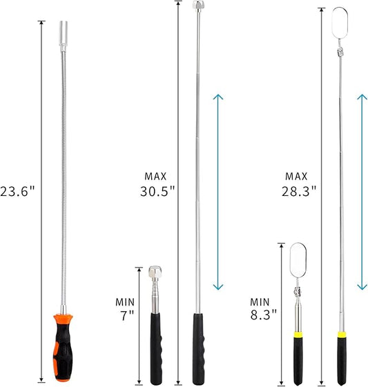 3 Pieces Magnetic Pickup Tool Set with 5LB Flexible 23.6" Bendable Pick Up Sweeper, Telescoping 16LB Magnet Rod, Oval 360 Swivel Adjustable Inspection Mirror, Stick Kit for Men Father Gift