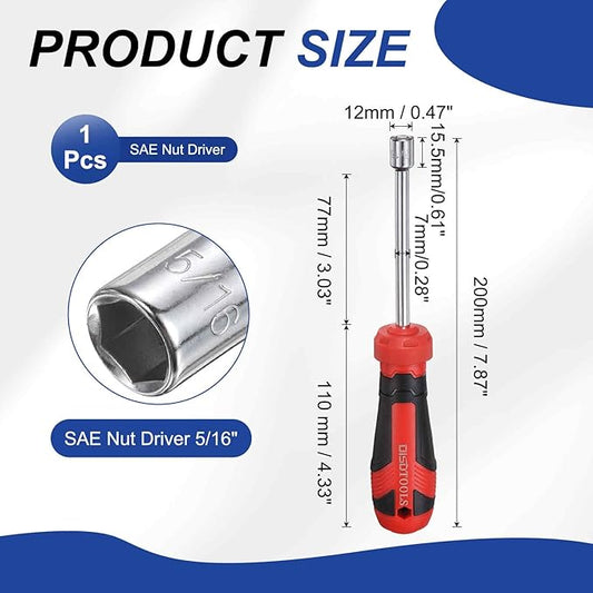 HARFINGTON SAE Nut Driver 5/16" CR-V Non-Magnetic Tip Hollow Shafts Hex Socket Screwdriver with Anti-Slip Handle for Automobile Repair Bit Driver