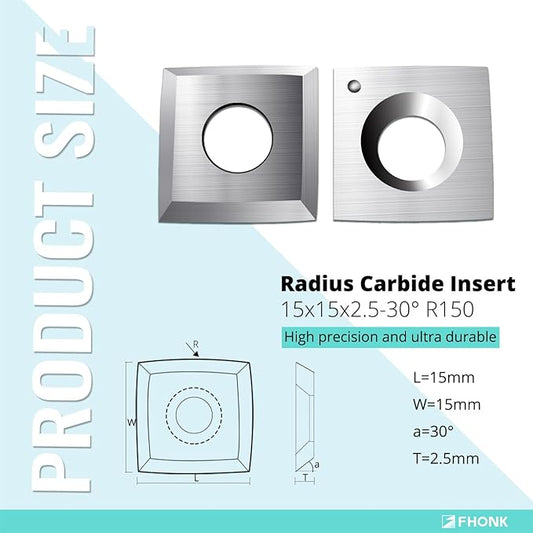 15mm Arc-edge Square Carbide Inserts Cutters, for Woodturning Replacement Cutter Knives, Fits Spiral, Helical Planer Cutter, Wood Lathe Turning Tool, 10-Pack (15x15x2.5-30째 R150)
