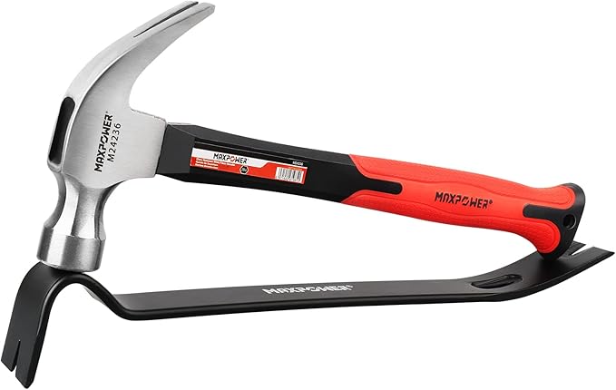 MAXPOWER Hammer and Pry Bar Set, 20oz Claw Hammer &15-inch Flat Pry Bar
