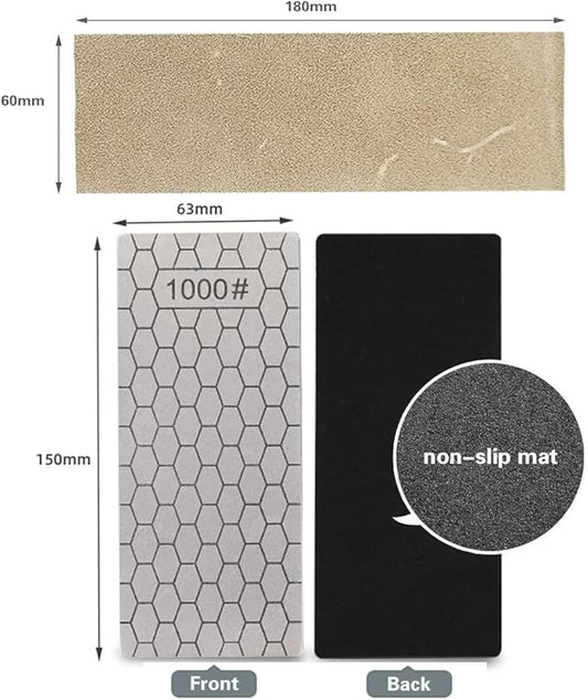 Diamond Sharpening Stone, Knife Sharpener Stone Whetstone Honeycomb Surface Plate with Non-slip Base for Pocket Knives Scissors (240/400/800/1000/1200 Grit, with Angle Guide and Leather)