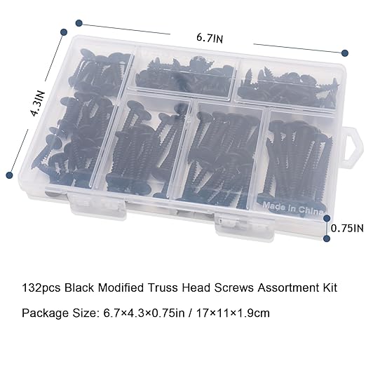 #8 Modified Truss Head Black Wood Screws Assortment Kit, 132 pcs, Phillips Drive, Wood Screws, Screws, Screws Assortment, Screws Set, 6 Sizes (1/2?? 3/4?? 1?? 1-1/4?? 1-1/2?? 2?? (Black)