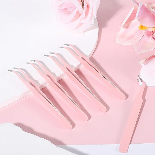 9 Pcs Precision Tweezers, Stainless Steel Craft Tweezers for Crafting, Curved Tweezer Multipurpose Pointed Long Tweezer for Crafting DIY Bead Jewelry Making, Scrapbooking, Crafts, Nail Art (Pink)