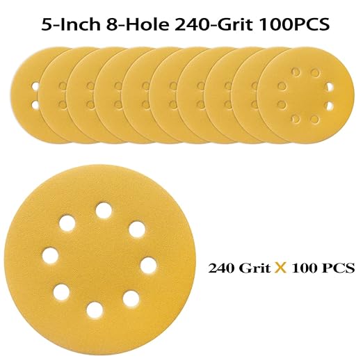 100PCS 5 Inch 8 Hole Sanding Discs 240 Grit,Gold Round Hook and Loop Sandpaper for Random Orbital Sander