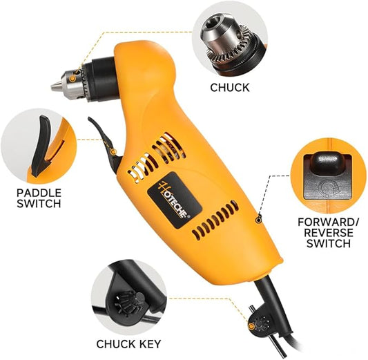 Hoteche 3/8-Inch Right Angle Drill, 3.8A Electric Corded Power Drill with Variable Speed 0-1400 RPM, Forward & Reverse Switch, Compact Design for Tight Spaces