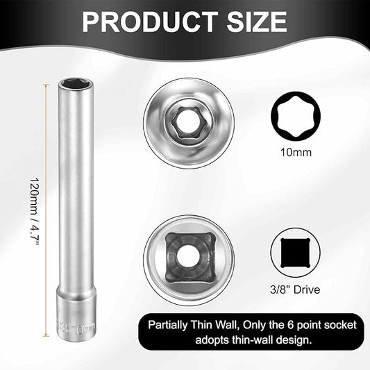 HARFINGTON 2pcs 6 Points Deep Socket 3/8" Drive 10mm Deep Metric CR-V Steel Polished Nickel Plating Flip Sleeve 120mm / 4.7" Extra Long Socket Tool for Home Auto Nuts Bolts Repair