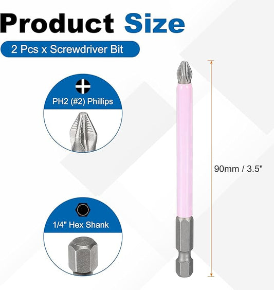 HARFINGTON 2pcs #2 Phillips Impact Screwdriver Bit PH2 1/4" Hex Shank 3.5" (90mm) Magnetic Anti Slip Cross Head Drill Bits K5 Steel Screw Driver Tool, Pink