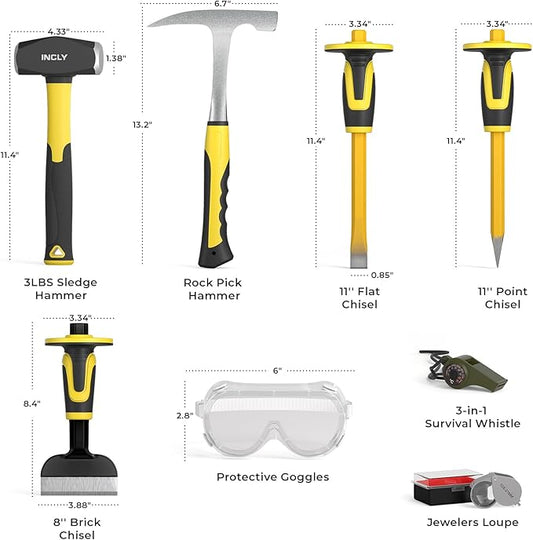 INCLY 8PCS Geology Rock Pick Equipment Kit, 3lb Sledge & 32oz Rock Hammer with 3PCS Concrete Chisel, Safety Goggles, Jewelers Loupe, Rock Hounding Equipment for Splitting, GoldMining, Stone Breaking