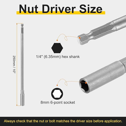HARFINGTON 2pcs Nut Driver Drill Bit 8mm Metric Socket 1/4" Hex Shank 10" (250mm) Extra Long Magnetic 6-Point Sockets Quick Change 40Cr Steel Bolt Setters for Power Drill Drivers