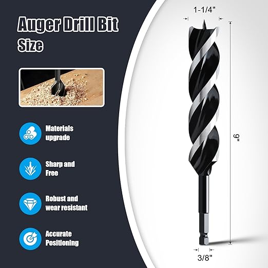1-1/4" x 9" Auger Drill Bit for Wood, Hex Shank Tri Flute Ship Auger Long Drill Bit for Soft and Hard Wood,Tree Stump,Plastic,Drywall and Composite Materials