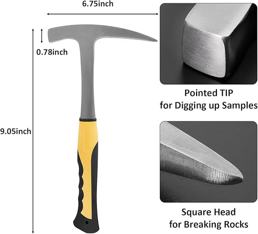 25 PCS Geology Rock Pick Equipment Kit, 28 oz. Rock Pick Hammer with 12" Mason Chisel, Safety Glasses, Whistle, Jewelers loupe, Tool Set for Hounding, Gold Mining & Prospecting, Stone Breaking