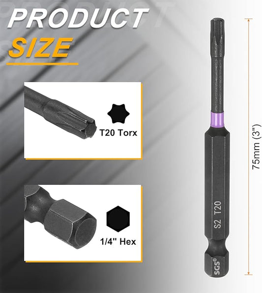 HARFINGTON 5pcs T20 Torx Head Impact Screwdriver Bits 1/4" Hex Shank 3" (75mm) Long Magnetic No Hole Tamper Proof 6 Point Star Screw Driver Drill Bits Phosphate S2 Steel Power Tools