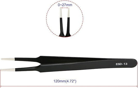 Aoje-Link ESD-13 Professional Anti-Static Precision Technology Tweezers, Non-magnetic Flat and Round, Stainless Steel Plastic Coated, Full Length 120mm, Black, 2pcs