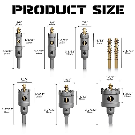 Hole Saw 8 PCS, Hole Saw for Metal, TCT Hole Cutter, 6Drill Saws with 2* Extra Pilot Center Bits, 2* Springs for Metal, Iron and Stainless Steel, Hard Materials